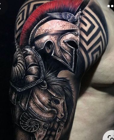 Spartan Helmet Tattoo, Cover Up Tattoos For Men, Shoulder Armor Tattoo, Fighter Tattoo, Roman Tattoo, Gladiator Tattoo, Fire Fighter Tattoos, Spartan Tattoo, Last Kingdom