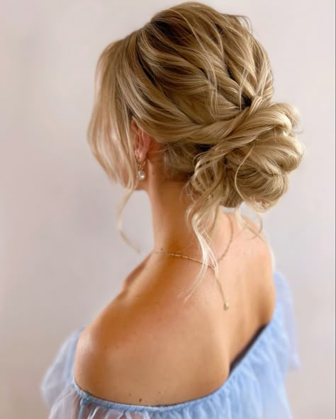 Bridal Low Loose Bun, Romantic Updo Bridesmaid, Bridal Hairstyles Low Updo, Low Bridal Hairstyles, Textured Bun Wedding Hair, Bridal Hair Low Textured Bun, Updo Bun Bridesmaid, Wedding Low Do Hairstyles, Low Bun Hairstyles Wedding Bridesmaid