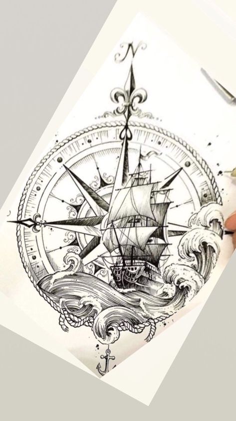 Pirate Compass Tattoo, Sea Tattoo Sleeve, Nautical Compass Tattoo, Pirate Ship Tattoos, Pirate Ship Tattoo, Wing Tattoo Men, Simple Tattoos For Guys, Japanese Dragon Tattoo, Compass Tattoo Design