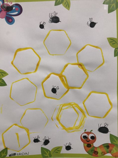 Hexagon bee hive art Bee Hive Craft Preschool, Hexagon Art Preschool, Hexagon Crafts Preschool, Bumble Bee Art Preschool, Honeycomb Craft Preschool, Beehive Preschool Craft, Honey Comb Craft Preschool, Hexagon Preschool Activities, Bee Art Activities