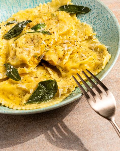 Butternut Squash Ravioli Recipe (Homemade Pasta Dough and Sage Butter Sauce) | Kitchn Butternut Squash Ravioli Sauce, Ravioli Recipe Homemade, Ravioli Dough, Ravioli Sauce, Sage Butter Sauce, Homemade Pasta Dough, Squash Ravioli, Pasta Noodle Recipes, Butternut Squash Cubes