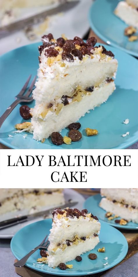 Lady Baltimore Cake | Famous Charleston, SC cake! Baltimore Recipes, Lady Baltimore Cake Recipe, Lady Baltimore Cake, Lemon Pistachio Cake, America Cake, Unique Desserts, Warm Cake, Pudding Cake, Sweets Cake