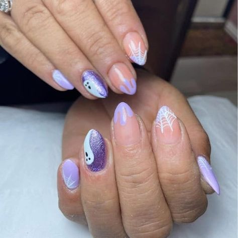 25 Super Cute Ghost Nails & Halloween Nails to Try This Year Pastel Purple Halloween, Ghost Nails Halloween, Cute Ghost Nails, Nail Ideas Halloween, Neon Purple Nails, Purple Halloween Nails, Disney Halloween Nails, Pumpkin Nail Designs, Nails October