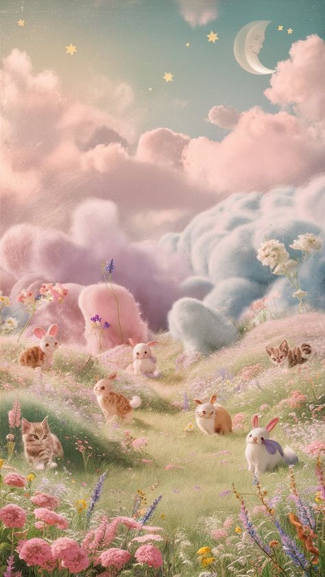 Step into a dreamy pastel landscape where fluffy clouds and rolling hills create a mesmerizing view. An enchanting meadow bursts with pink, lavender, and baby blue wildflowers, while playful bunnies and curious kittens dance among the blooms. With twinkling stars and a crescent moon above, this cozy scene evokes nostalgia and warmth, bringing joy to all. #DreamyLandscape #PastelArt #CuteAnimals #WhimsicalNature Pretty Screensavers, Nail Contest, Dreamy Nail, Blue Wildflowers, Cherry Tattoos, Dreamy Artwork, Character Sheets, Pastel Landscape, Dreamy Landscapes