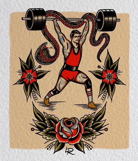 Strong Man Tattoo Traditional, Traditional Tattoo Weight Lifter, Gym Tattoos For Men, Strongman Tattoo, Crossfit Tattoo, Zee Tattoo, Traditional Sailor Tattoos, Strong Tattoos, Traditional Tattoo Old School