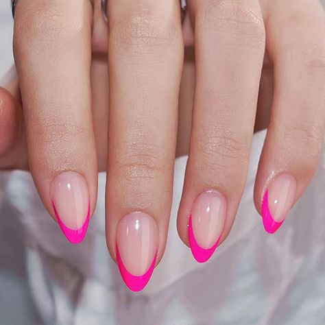 Mkwntg Hot Pink French Tip Press on Nails Short Almond Fake Nails Nude Pink Glossy Acrylic -Hot Pink Pink Stiletto Nails, Aesthetic Wellness, Short Press On Nails, Hot Pink Nails, Easy Nails, Nagel Tips, Manicure Diy, Short Almond, Pink French