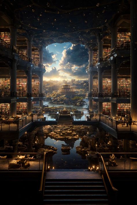 Palace Library Aesthetic, Atrium Architecture, Magical Library, Buddhist Art Drawing, Dream Fantasy, Fiction Idea, 다크 판타지, Fantasy Concept, Fantasy Castle