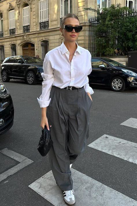 Grey Loose Pants Outfit, Grey Palazzo Pants Outfit, Grey Wide Leg Pants Outfit Work, Casual Gray Wide Leg Pants, Chic Gray Wide Leg Full Length Pants, Grey Wide Pants Outfit, Wide Leg Grey Pants Outfit, Oversized Wide Leg Gray Pants, Casual Gray Wide-leg Pants