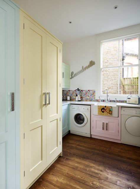 How to design a utility room | Utility and boot rooms are a great extension of the kitchen. Read our blog for more #utility #harveyjones #kitchens Laundry Room Color, Room Color Palettes, Basement Laundry Room Ideas, Boot Rooms, Pastel Paint Colors, Laundry Room Colors, Pastel Paint, Colourful Kitchen, Pastel Kitchen