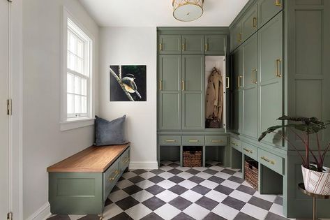 Cushing Green, Transitional Laundry Room, Mudroom Cabinets, Mudroom Flooring, Black Floor Tiles, Checkerboard Floor, Laundry Room Flooring, Mudroom Laundry Room, Mudroom Design