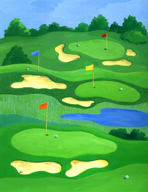 Golf Painting Ideas, Golf Posters High School, Golf Collage, Golf Mural, Golf Cartoon Drawing, Golf Painting Easy, Golf Illustration, Golf Drawing Illustrations, Golf Course Drawing