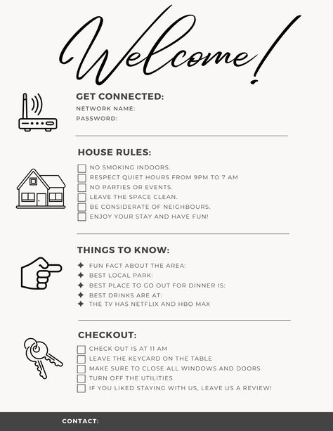 🌟 Elevate Your Short-Term Rental Experience with Our Editable Rules and WiFi Information Poster! 🌟 Are you a savvy short-term rental host looking to provide a seamless and enjoyable stay for your guests? Look no further! Introducing our customizable Short-Term Rental Rules and WiFi Information Poster, designed to enhance your guest experience and make your hosting journey a breeze. 🏡 Why Choose Our Poster? ✅ Professional Design: Our eye-catching, professionally designed poster ensures a polished and welcoming touch for your rental property. ✅ Customizable in Canva: Edit the poster with ease using Canva, a user-friendly graphic design platform. Personalize it to match your branding or property's style effortlessly. ✅ Essential Information: Ensure your guests have all the vital informatio Airbnb House Rules For Guests, Short Term Rentals, Airbnb Rules For Guests, Airbnb Rules, Home Rules, Airbnb House Rules, Airbnb House, Airbnb Design, Rental Space