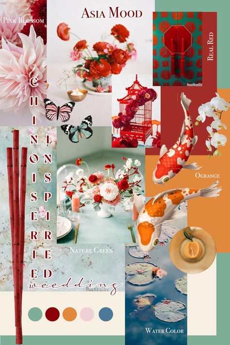 Asian Wedding Color Palette, Wedding Pantone Colour Palettes, Chinese Wedding Color Palette, Chinoiserie Color Palette, Asian Color Palette, Vietnam Moodboard, Stylist Moodboard, Sangjit Decoration, Japan Moodboard