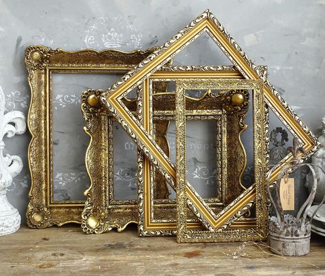 French Gold Wood Gesso Picture Frame, Deep Ornate Gilt Frame, Large Oval Photo Frame, Open Wall Hanging Gallery Frame, Hollywood Regency Stunting finding - gorgeous ornate wooden picture frames (come without backing) hand crafted in period 40s - 50s. Beautiful artisan work details, raised pattern in somehow floral design. Some frames coated with authentic gilded leaflets, which can be detected on internal part of the frame. This is a process that is performed manually and requires a lot of time Vintage Picture Frames On The Wall, Gold Frame Gallery Wall, Antique Photo Frames, Gold Photo Frames, Open Wall, Framed Chalkboard, Gallery Wall Frames, Vintage Picture Frames, Wooden Picture Frames