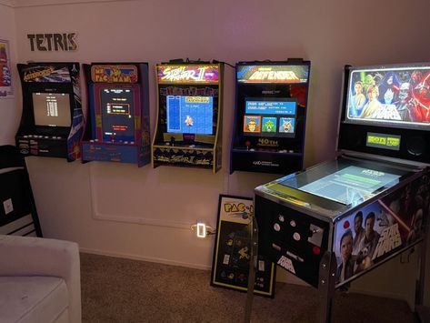 Finally! I’ve finished the wall! : Arcade1Up In Home Arcade Game Rooms, Mini Arcade Room, Home Arcade Ideas, Arcade Living Room, Basement Arcade Room Ideas, Home Arcade Room Ideas, Arcade Room Ideas, Game Room Wall Ideas, Arcade Room In House