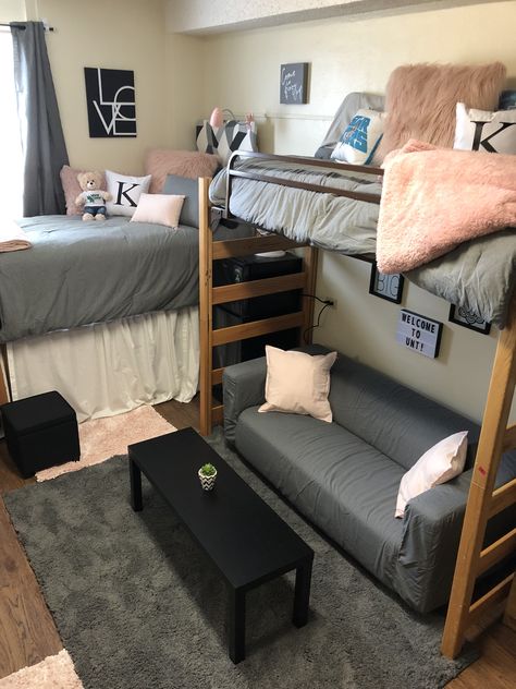 West Hall room decorated UNT 2 Person College Dorm Room Ideas, Futon In Dorm Room, Dorm Room Ideas For 2 People, Dorm Room Ideas With Futon, Dorm With Futon, Dorm Room With Couch, Dorm Room With Futon, Dorm Layout Ideas Double, L Shaped Bunk Beds Dorm