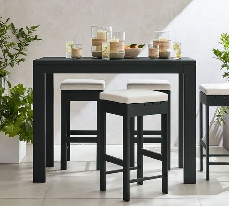 Malibu Metal Rectangular Bar Height Table + Bar Stool Dining Set | Pottery Barn Outdoor Bar Height Table, Metal Bar Stool, Black Pottery, Outdoor Bar Table, Bar Height Table, Counter Height Table, Outdoor Bar Stools, Metal Bar Stools, Table Stool