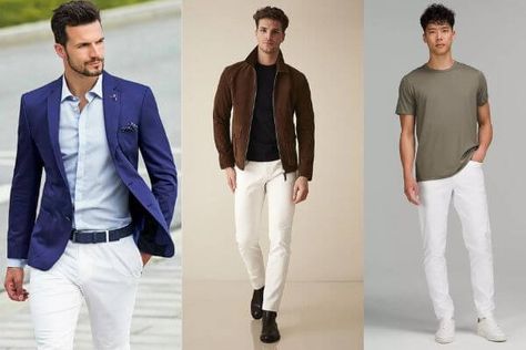 How to Style White Pants, Men (5 Looks) Mens White Pants Outfit, White Pants Outfit Men, Smart Casual White, Patterned Pants Outfit, Style White Pants, Mens White Trousers, Black Shoes Outfit, White Pants Men, White Pants Outfit