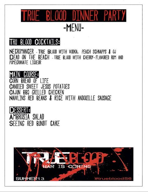 True Blood Dinner Party Menu True Blood Party, Disney Movie Night Dinner, Pomegranate Liqueur, Movie Night Dinner, Book Club Parties, Vampire Party, Flavored Rum, Disney Movie Night, Grilled Bbq Chicken