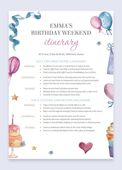 Birthday Itinerary Birthday Itinerary Template, Birthday Itinerary, Freelance Business Card, Student Business Cards, Painter Business Card, Florist Business Card, Dental Business Cards, Restaurant Brochures, Event Planner Business Card