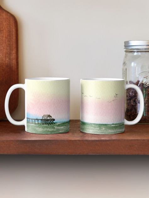 Painted Pottery Mug, Pottery Mug Ideas, Ocean Mug, Clay Art Ideas, Beach Mug, Pottery Patterns, Watercolor Beach, Color Me Mine, Paint Your Own Pottery