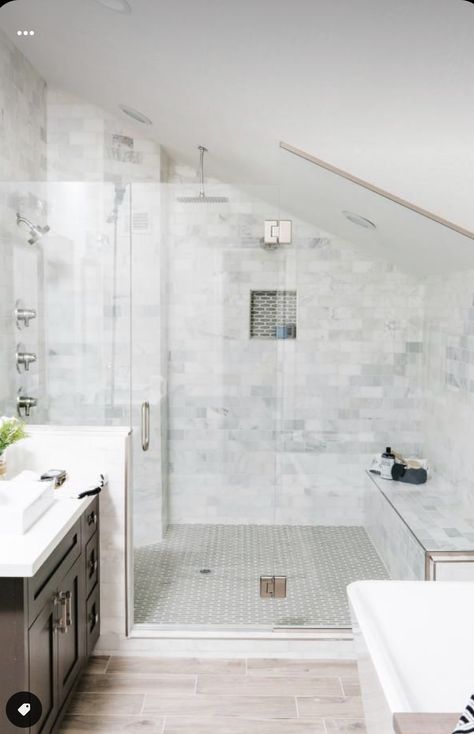 Sloped Ceiling Bathroom Tub, Shower Over Bath Sloping Ceiling, Slanted Ceiling Bathroom Tubs, Slanted Wall Shower Angled Ceilings, Angled Roof Shower Ideas, Slanted Ceiling Bathroom, Modern Rustic Bathroom, Sloped Ceiling Bathroom, Rustic Modern Bathroom