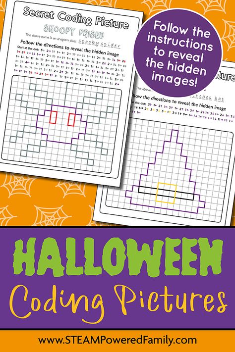 These Halloween coding activities are a screen free way to get kids learning about sequencing and coding while creating art! Free printable is available to all STEAM Powered Family mailing list members, simply visit the site to join for free! This activity is a great screen free coding activity that teaches kids about linear sequencing and makes a fantastic addition to our 31 Days of Halloween Activities. Use it with your kids at home or in the classroom. Visit STEAM Powered Family for details. Fall Coding Activities, Halloween Lego Challenge, Halloween Coding Unplugged, Halloween Technology Activities, Halloween Coding Activities, Halloween Activities 4th Grade, 1st Grade Halloween Activities, Halloween 2nd Grade, 31 Days Of Halloween Activities