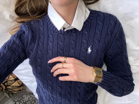 Navy Polo Sweater Outfit, Rl Sweater Outfit, Ralph Lauren Blue Sweater Outfit, Navy Blue Cardigan Outfit Aesthetic, Navy Ralph Lauren Sweater Outfit, Navy Polo Shirt Outfit Woman, Navy Outfit Aesthetic, Ralph Lauren Cardigan Outfit, Navy Blue Outfits For Women Classy