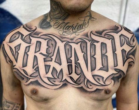 Chest Tattoo Men Lettering, Stomach Script Tattoos Men, Mexican Lettering Tattoo, Chest Font Tattoo, Chest Letter Tattoo, Name Stomach Tattoos, Chest Lettering Tattoo Men, Armpit Tattoo For Men, Chest Lettering Tattoo