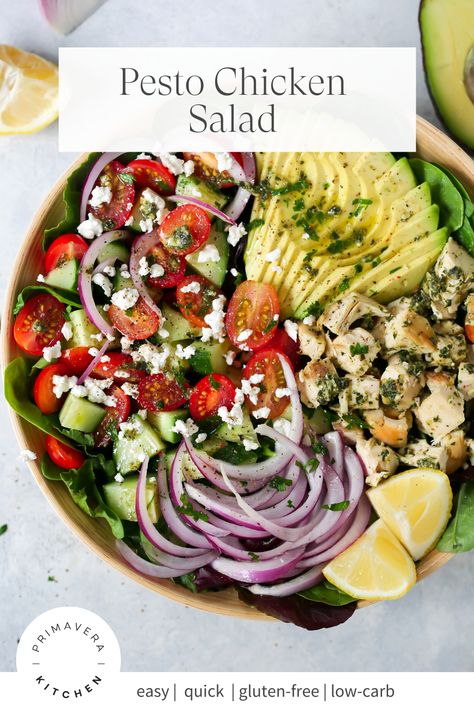 This pesto chicken salad is delicious and nutritious! It’s loaded with leafy greens, sweet cherry tomatoes, creamy avocado, spicy red onion, feta and creamy avocado slices. Top everything off with a simple, bright, homemade lemon dressing. Pesto Salad Recipes, Pesto Chicken Salad, Chicken Salad Dressing, Delicious Chicken Dinners, Wine Journal, Cheesy Chicken Broccoli, Ham And Bean Soup, Avocado Slices, Healthy Summer Recipes