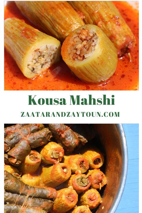 Kousa Mahshi (Stuffed zucchini) by Zaatar and Zaytoun Lebanese Kousa Recipe, Stuffed Zucchini Middle Eastern, Syrian Dinner Recipes, Egyptian Mahshi Recipe, Middle Eastern Stuffed Zucchini, Mahshi Egyptian, Kousa Recipe, Koosa Recipe, Kousa Mahshi Recipe