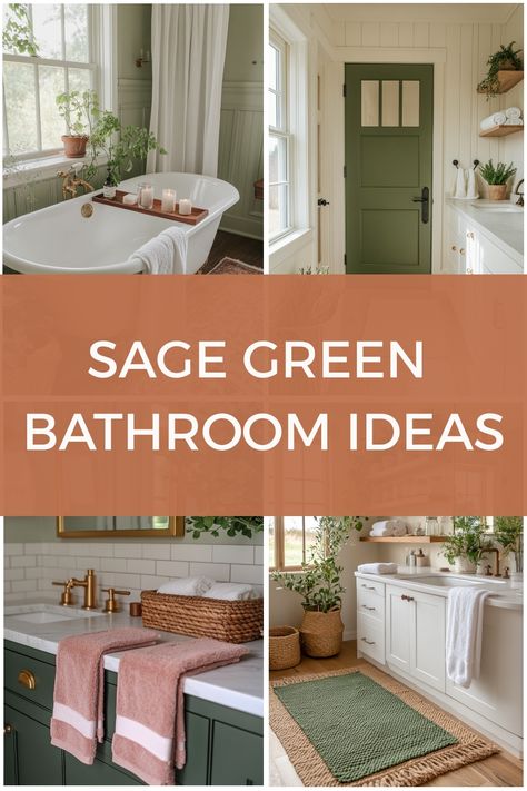 Collage of elegant sage green bathroom designs with tubs, plants, and rustic accents. Sage Green Panelled Bathroom, Olive And Cream Bathroom, Pale Green Bathroom, Green And Tan Bathroom, Sage Green Bathroom Ideas, Sage Green Bathroom, Light Green Bathrooms, Blue Green Bathrooms, Tan Bathroom