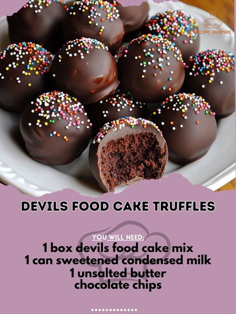 🍫🍰 Indulge in the decadence of Devil's Food Cake Truffles - a heavenly treat for chocolate lovers! 🤤 #ChocolateLovers #DessertDelight Devil's Food Cake Truffles Ingredients: - 1 box devil's food cake mix - 1 can sweetened condensed milk - 1/2 cup unsalted butter - 1 cup chocolate chips - 1/2 cup cocoa powder - 1 tsp vanilla extract - 1/2 cup powdered sugar - Sprinkles (optional) Instructions: 1. Bake the cake according to package instructions. 2. Crumble the cooled cake into a large bowl. ... Devil's Food Cake, Devils Food Cake Mix Recipe, Devils Food Cake, Cake Bites, Devils Food, Sugar Sprinkles, Cake Truffles, Sweet Shop, Food Cake