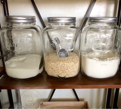 What To Store In Mason Jars, Mason Jar Storage Ideas, Large Mason Jar Ideas, Kitchen Baking Area, Mason Jar Canisters, Gallon Mason Jars, Mason Jar Organization, Mason Jar Storage, Mason Jar Design