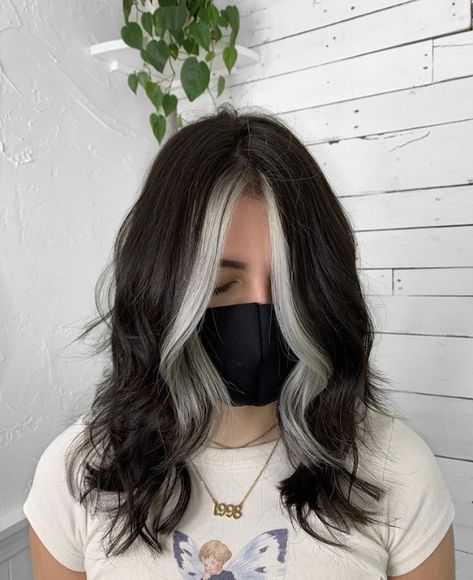 Black With Grey Money Piece, Sliver Streaks Black Hair, Brown Hair Silver Streak, Back To School Hair Color Ideas, Brown Hair With Silver Money Piece, Black Hair With Grey Underneath, Colored Front Pieces Hair, Black Hair With White Money Piece, Grey Streak In Front Of Hair