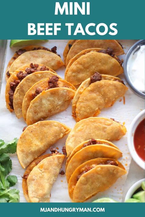 These baked mini tacos are quick, crispy delicious, and perfect for little hands. Add your family's favorite taco toppings for a meal that is fun to make and eat! Baked Mini Tacos, Kid Meals For Picky Eaters, Mini Tacos Recipe, Toddler Dinner Ideas, Eden Eats, Taco Appetizers, Picky Eaters Dinner, Kids Lunch Box Meals, Mini Taco