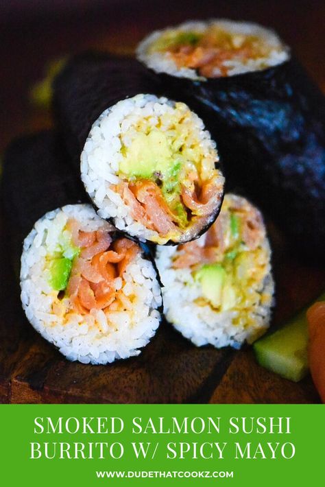 Spicy Mayo Sushi, Pontchartrain Sauce, Recipes For Avocado, Avocado Smoked Salmon, Smoked Salmon Sushi, Salmon Sushi Rolls, Fish Patties, Dinner Sushi, Sushi Burrito