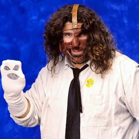 Mankind with Mr. Socko Wrestler Character Design, Mankind Wwe, Wrestling Reference, Wwe Mask, Hair Poses, Imagine Scenarios, Mick Foley, Wwe Hall Of Fame, Hidden Faces