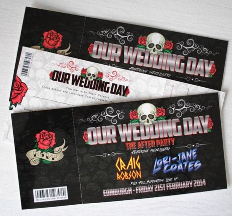 skulls-and-roses-rock-n-roll-wedding-invites Alternative Wedding Party, Heavy Metal Wedding, Punk Rock Wedding, Rocker Wedding, Music Festival Wedding, Rock Music Festival, Punk Wedding, Biker Wedding, Ticket Style