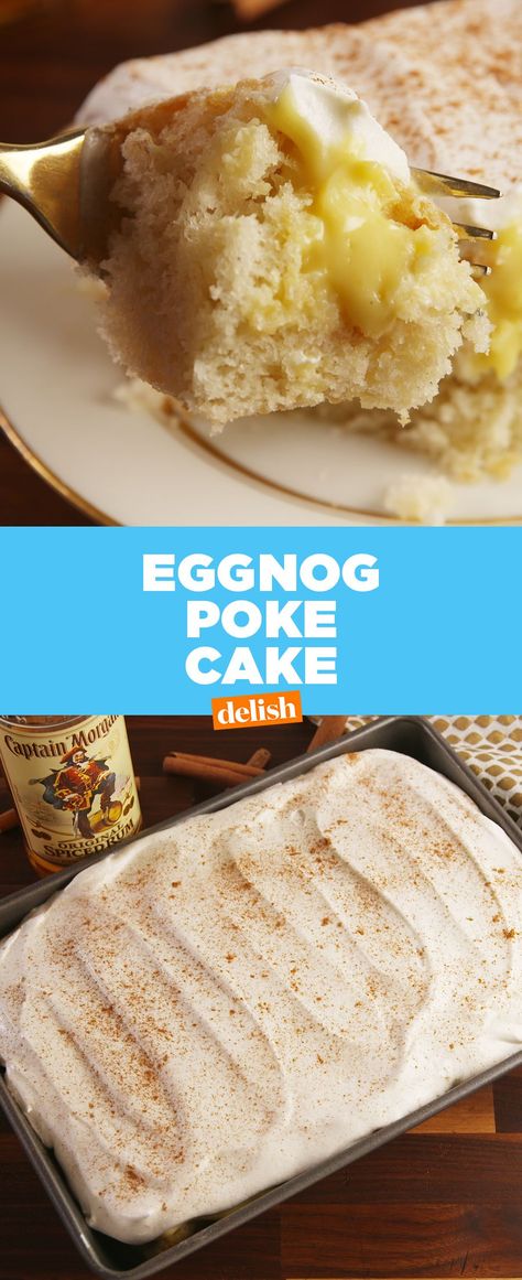 Rum Poke Cake Recipe, Eggnog Poke Cake, Boozy Eggnog, Cake Poke, Delish Videos, Alcohol Food, Poke Cake Recipe, Dump Cakes, Poke Cake Recipes