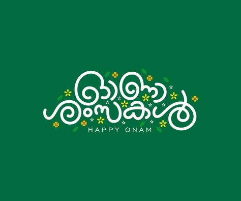 Kerala, Indian holiday. Happy Onam Malayalam lettering or typography illustration with flowers Onam 2024 Poster, Kerala Onam Games, Onam Malayalam Typography, Onam Greetings In Malayalam, Onam Illustration Art, Onam Background Design, Happy Onam Poster, Onam Background, Onam Illustration