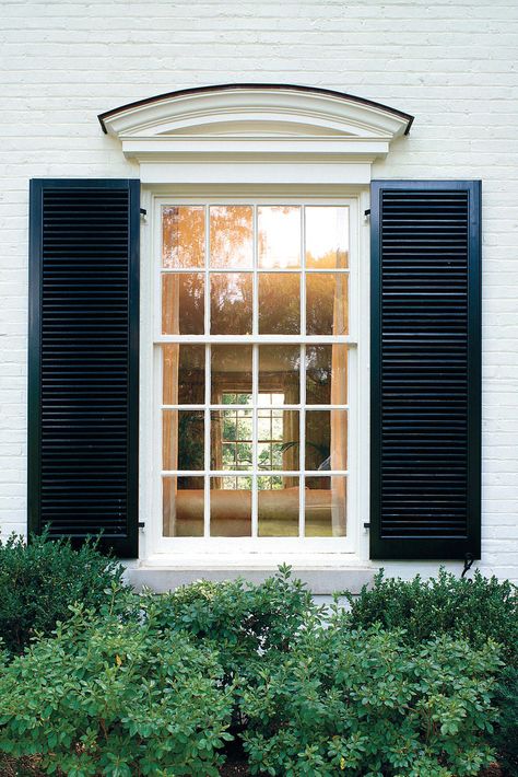 Pediment Ideas, River House Exterior, Classic Shutters, White Bricks, Shutters Window, Window Shutters Exterior, Exterior Windows, Windows Shutters, Louvered Shutters