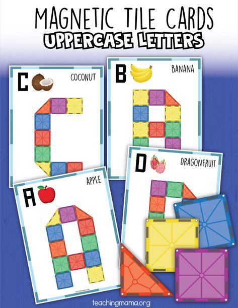 Magna Tile Uppercase Letter Cards Magnatiles Ideas, Magnet Tiles, Task Cards Free, Preschool Phonics, Teaching Mama, Magna Tiles, 2023 School, Magnetic Tiles, Kids Printables