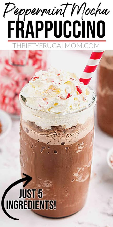 Peppermint Mocha Frappuccino- an easy recipe that will let you enjoy this Starbucks seasonal favorite any time you want, for a fraction of the cost! Such a delicious, refreshing treat! You'll love it. #thriftyfrugalmom #peppermintfrappuccino #peppermintmocha #frappe Peppermint Mocha Frappuccino, Homemade Peppermint Mocha, Mocha Frappe Recipe, Peppermint Mocha Recipe, Leftover Coffee, Starbucks Peppermint Mocha, Drinks Starbucks, Homemade Frappuccino, Frappe Recipe