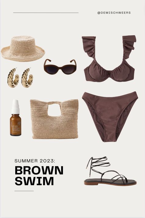 friendly Swim, brown swimsuits, bikini, piece, high waisted swim, swim 2023, summer 2023, bathing suit, swim cover up, sunglasses, summer sandals, sandals, flip flops, vacation, straw bag, tote, hat, swim hat, beachwear, swimwear, sun, spf, earrings, jewelry 2023, swim 2023, bikini swim, brown swim Brown Swimsuit Cover Up, Swimwear Trend 2024, Brown Bathing Suit, Tulum Bachelorette, Swimsuits 2023, 2023 Swim, Brown Swimwear, Swim 2023, Brown Swimsuit