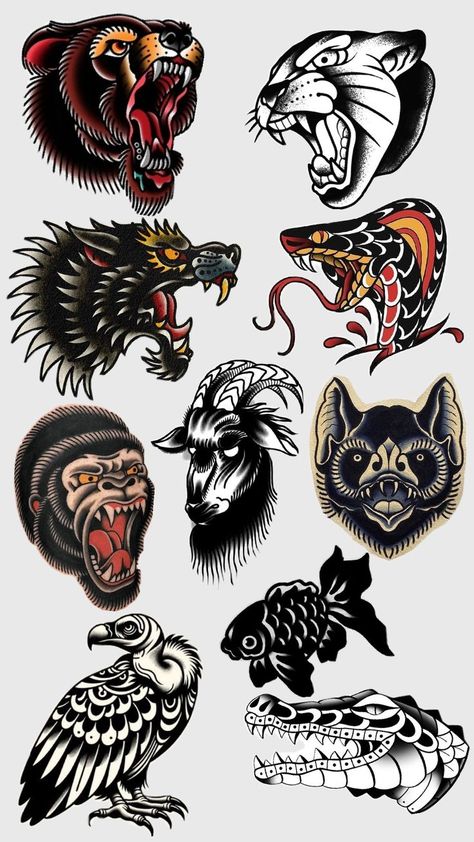 Traditional animal tattoo leg ideas Traditional Mountain Lion Tattoo, Traditional Fox Tattoo Old School, Black Jaguar Tattoo Traditional, Traditional Panda Tattoo, Neotraditional Animal Tattoos, Cheetah Tattoo Men, American Traditional Jaguar Tattoo, Trad Sleeve Tattoo, European Traditional Tattoo