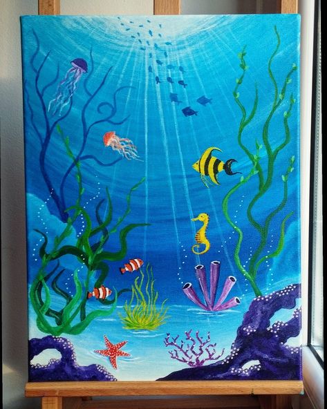 Acrylic paint for kids room. Based on YT tutorial @stepbysteppainting Under The Sea Acrylic Painting, Sea Creatures Painting Easy, Under The Sea Painting Easy, Melukis Aesthetic, Under Sea Drawing, Under The Ocean Painting, In The Sea Drawing, Underwater Acrylic Painting, Under The Sea Drawing