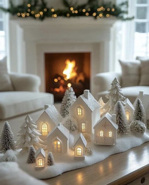 White Living Room Christmas Decor, White Christmas House Decor, Winter Wonderland Home Decorations, White Theme Christmas Decor, Little White Houses Christmas Decor, White Ornaments Christmas Tree Ideas, Homemade Home Decor Ideas Crafts, White Christmas Tree Decorating Ideas Winter Wonderland, Christmas Decor White And Gold