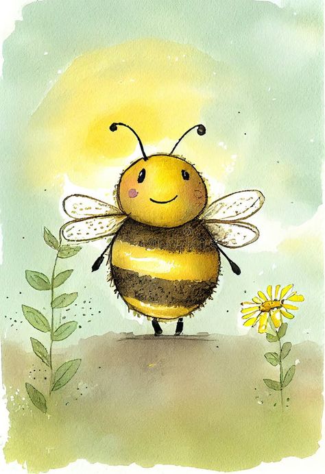 Happy bee watercolor background. AI generated royalty free stock image Bee Pictures Art, Bee Watercolor, Food Watercolor, Unicornios Wallpaper, Bee Drawing, Bee Pictures, Whimsical Art Paintings, Bee Painting, Bee Illustration