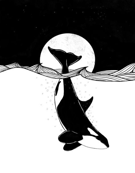 Orca night bath, on ArtStation at https://www.artstation.com/artwork/5BvyxW Black And White Ocean Art, Orca Whales Art, Orcas Drawings, Orca Embroidery Pattern, Orca Whale Illustration, Linocut Orca, Orca Art Drawing, Orca Whales Drawing, Orca Drawing Easy